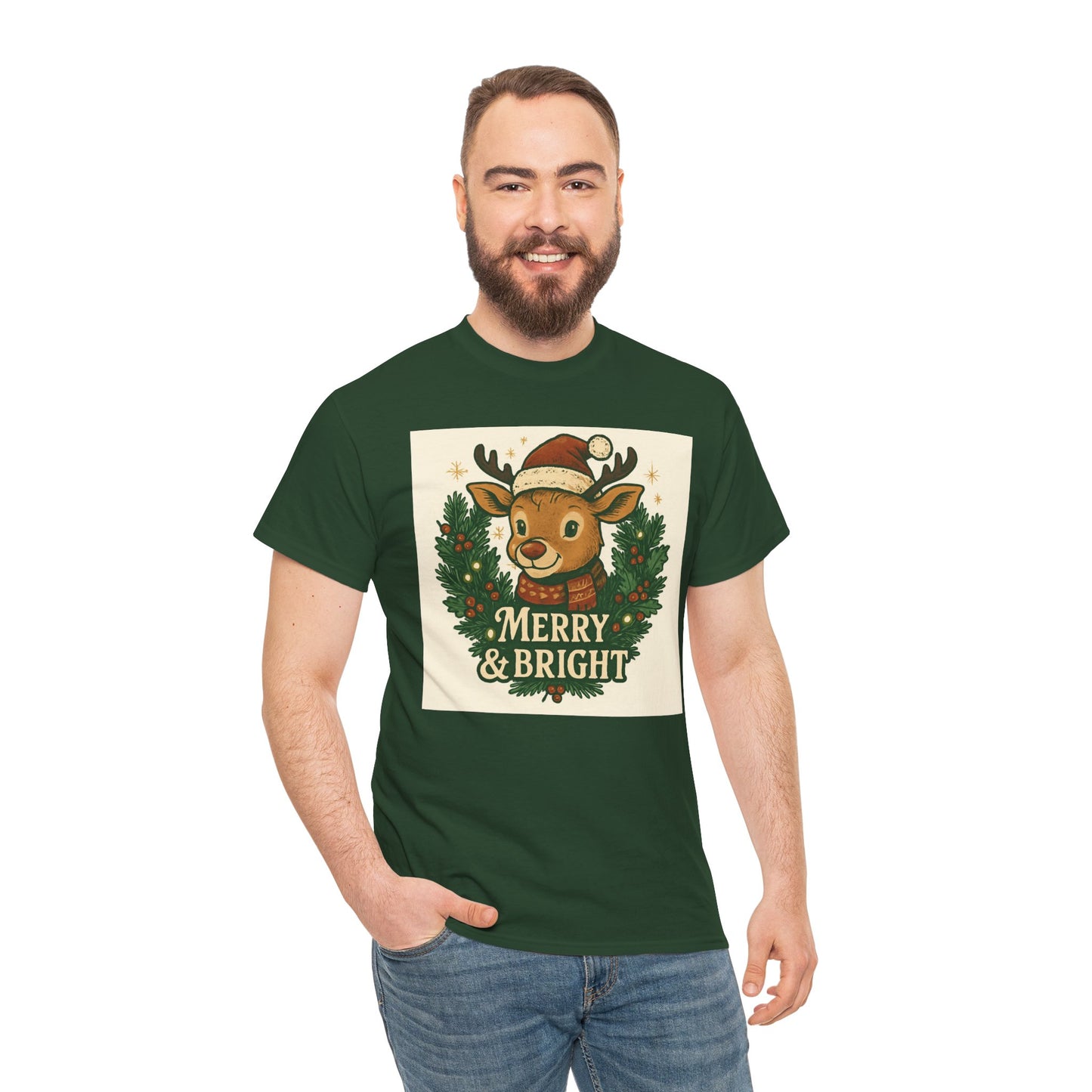Merry & Bright Reindeer Christmas T-Shirt Printify