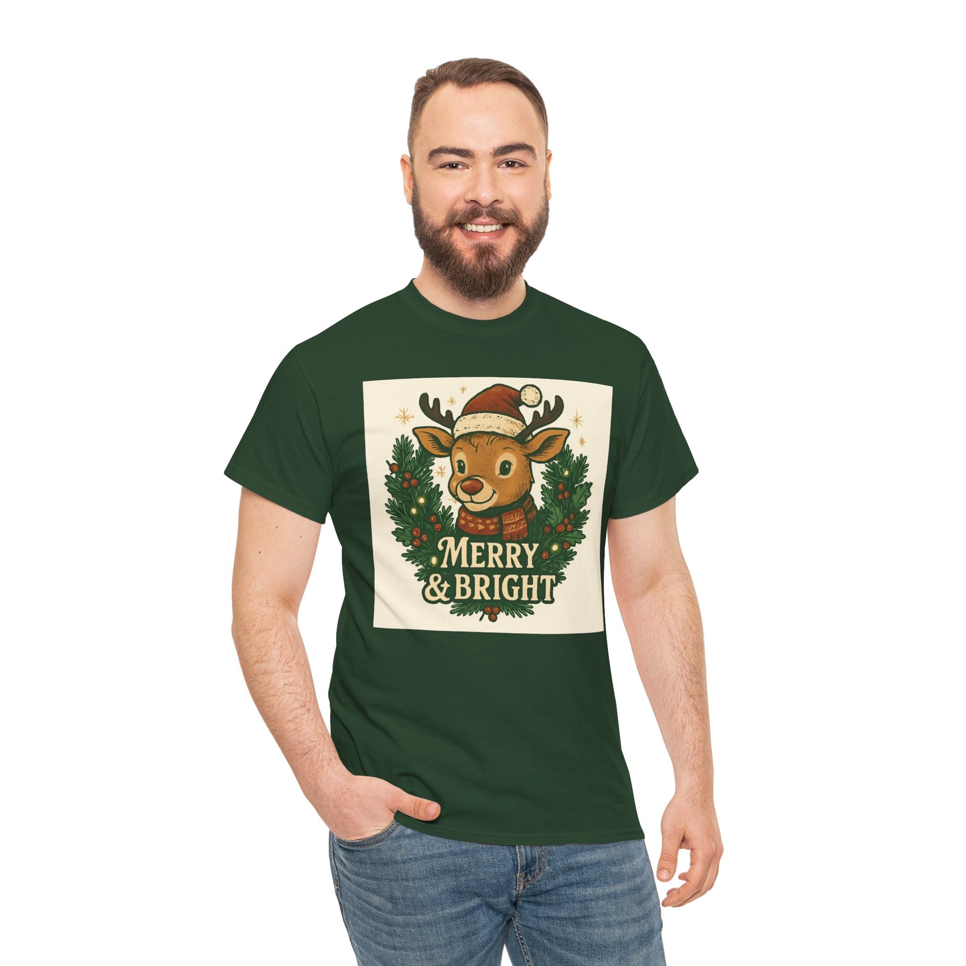 Merry & Bright Reindeer Christmas T-Shirt Printify