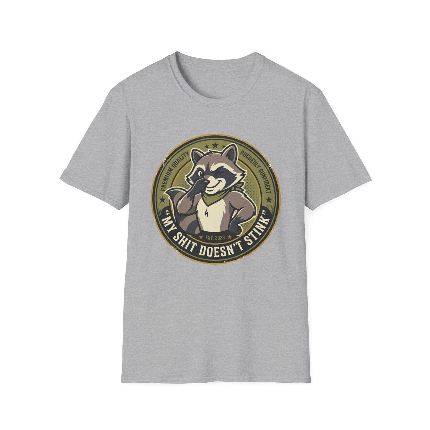 Raccoon Badge T-Shirt — "My Shit Doesn't Stink" Funny Graphic Tee Printify