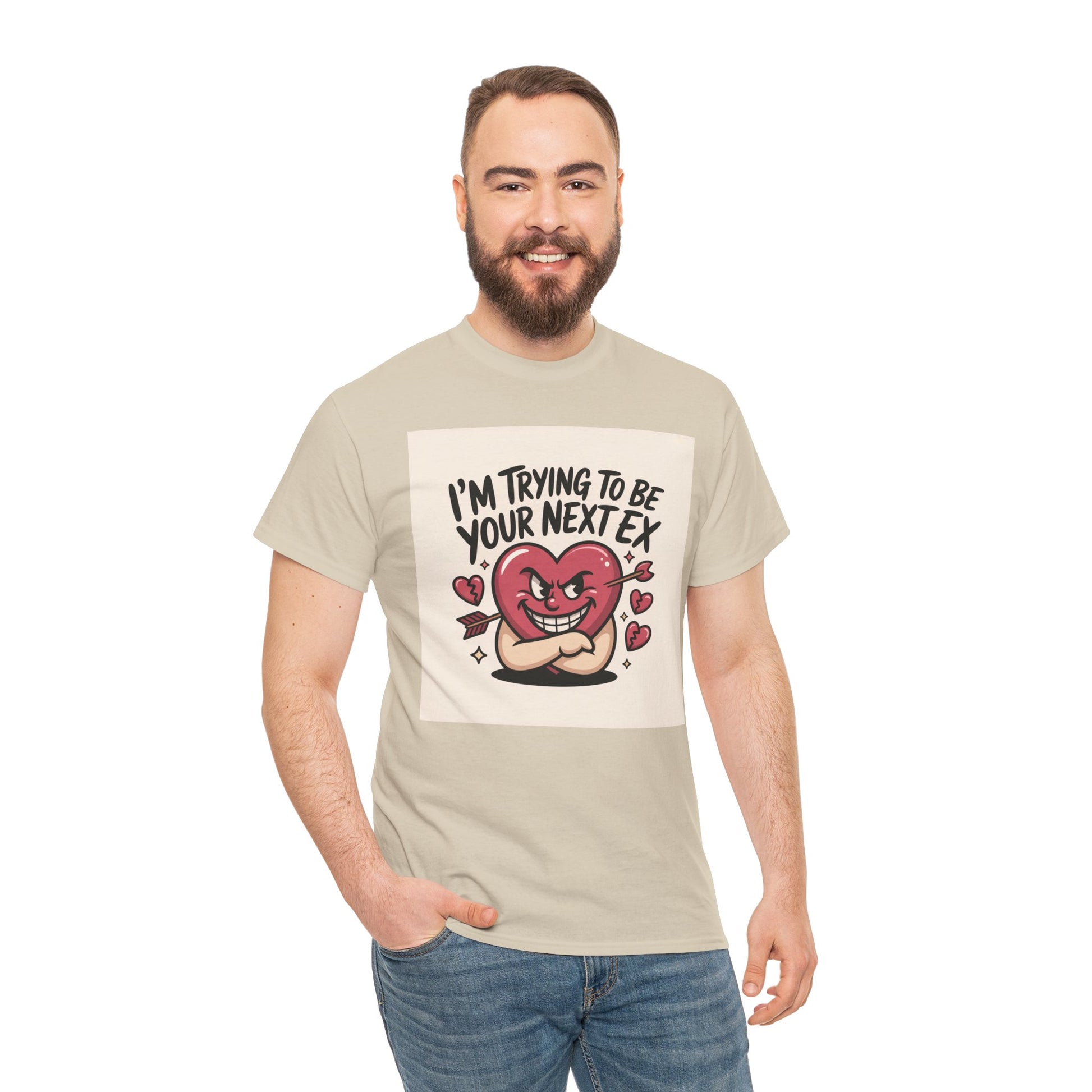 Valentine Heart Character Tee — "I'm Trying To Be Your Next Ex" Graphic T-Shirt Printify