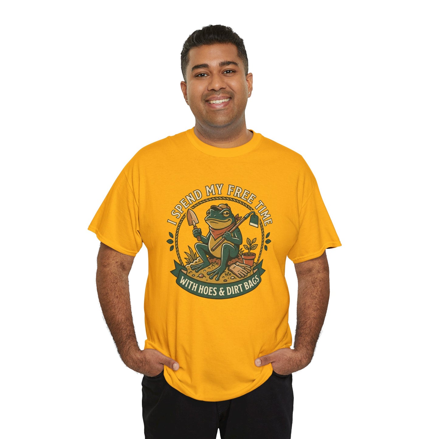 Gardening Frog T-Shirt — "I Spend My Free Time With Hoes & Dirt Bags" Funny Garden Tee