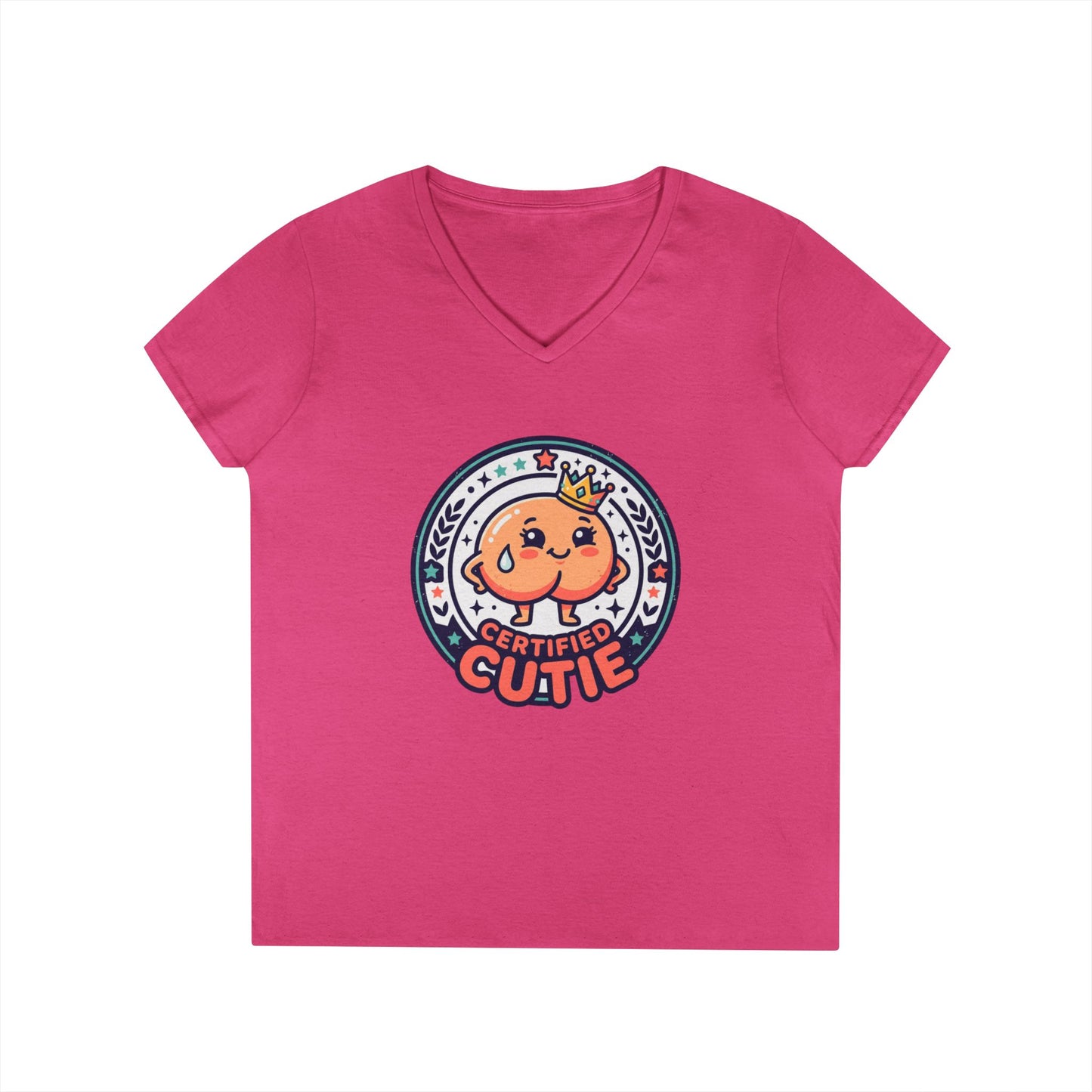 Certified Cutie V-Neck T-Shirt — Cute Cartoon Badge Graphic Tee for Women Printify