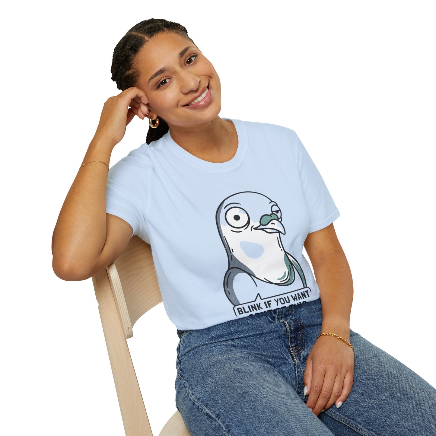 Pigeon Meme T‑Shirt — “Blink If You Want Some Of This” Funny Graphic Tee