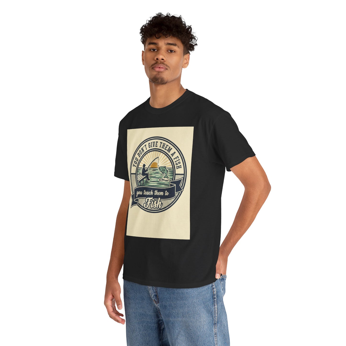 Fishing Vintage Badge T-Shirt — "You Don’t Give Them a Fish, You Teach Them to Fish" Graphic Tee