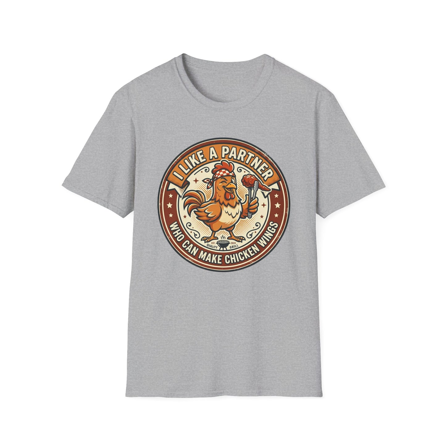 Funny Chicken Wings T-Shirt — "I Like A Partner Who Can Make Chicken Wings" Crew Tee