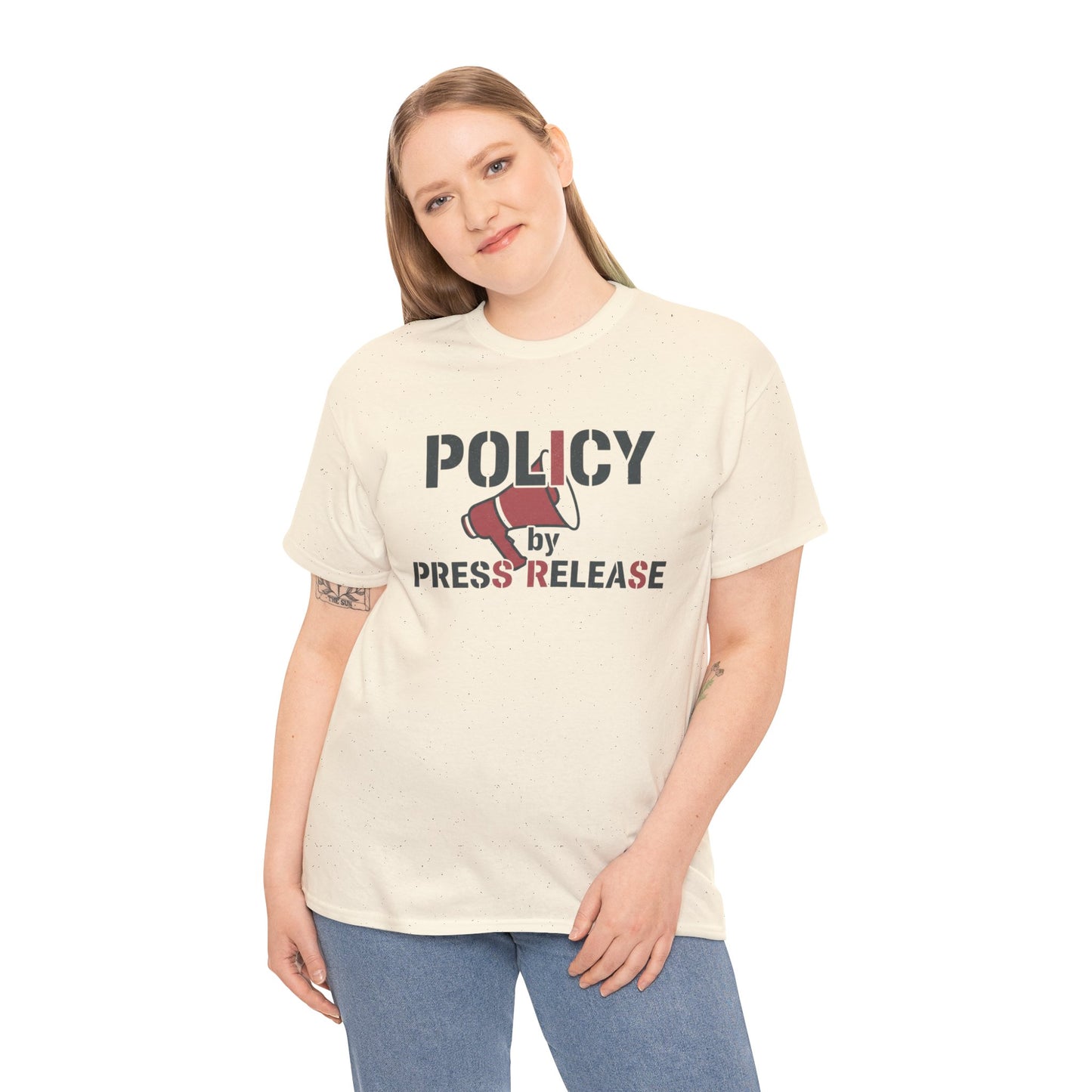Policy by Press Release Tee — Political Satire Graphic T‑Shirt Printify