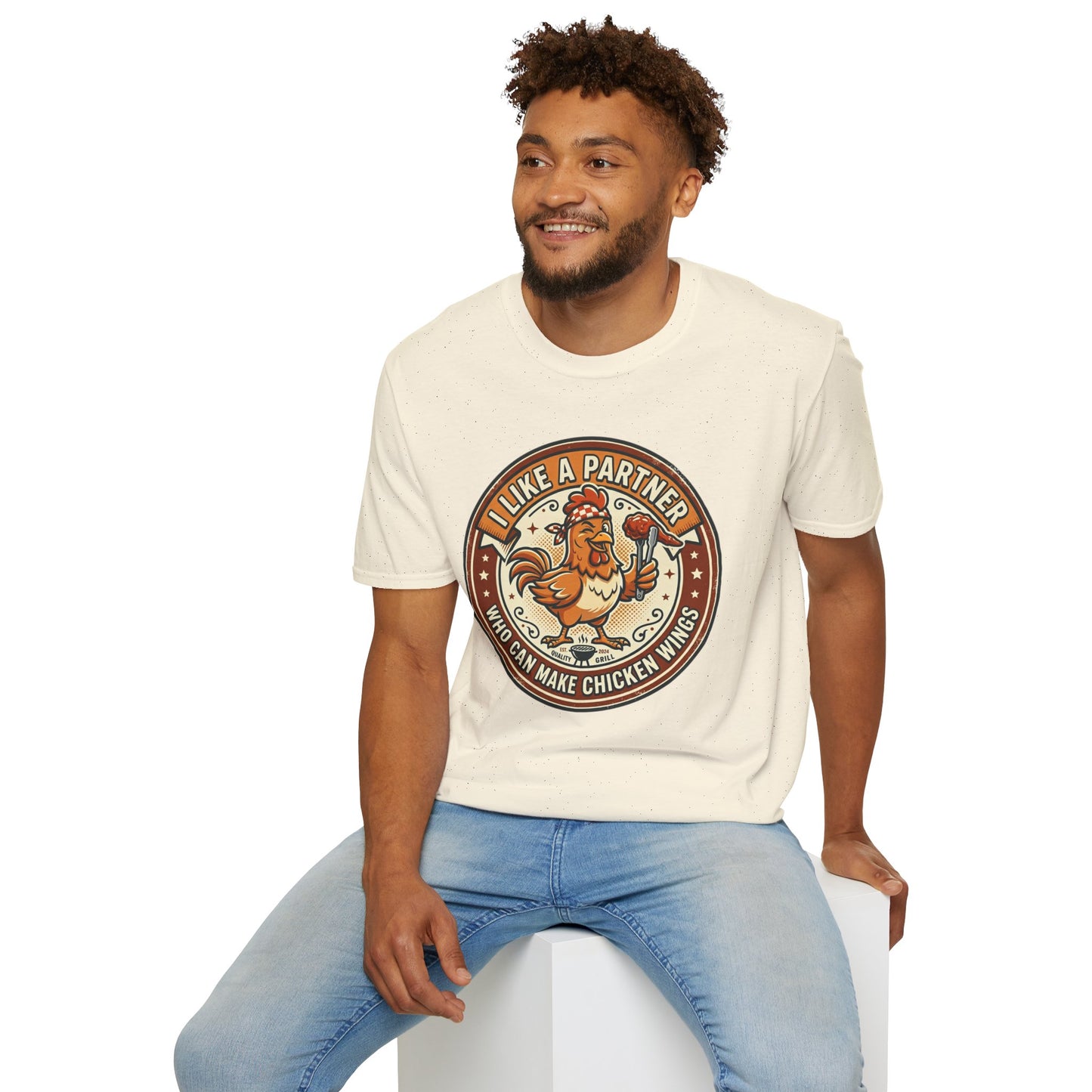 Funny Chicken Wings T-Shirt — "I Like A Partner Who Can Make Chicken Wings" Crew Tee