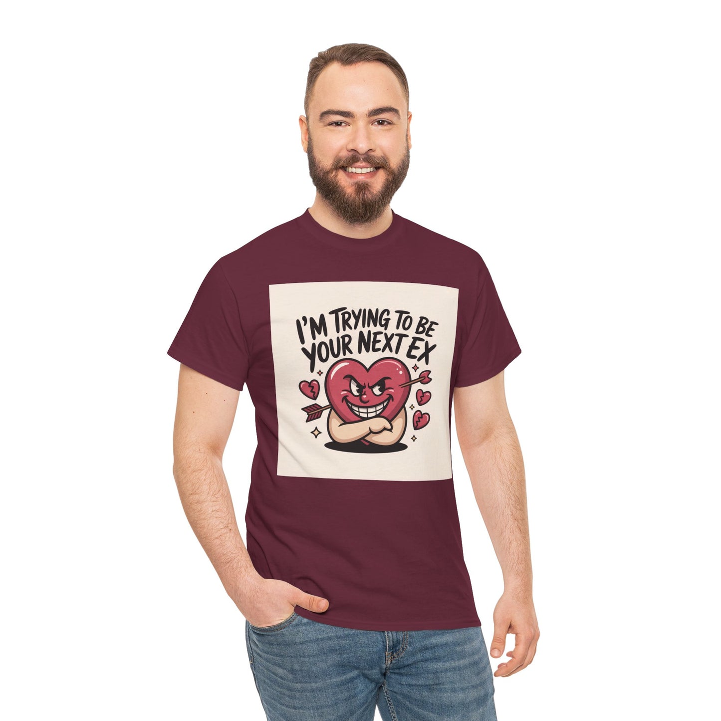Valentine Heart Character Tee — "I'm Trying To Be Your Next Ex" Graphic T-Shirt Printify