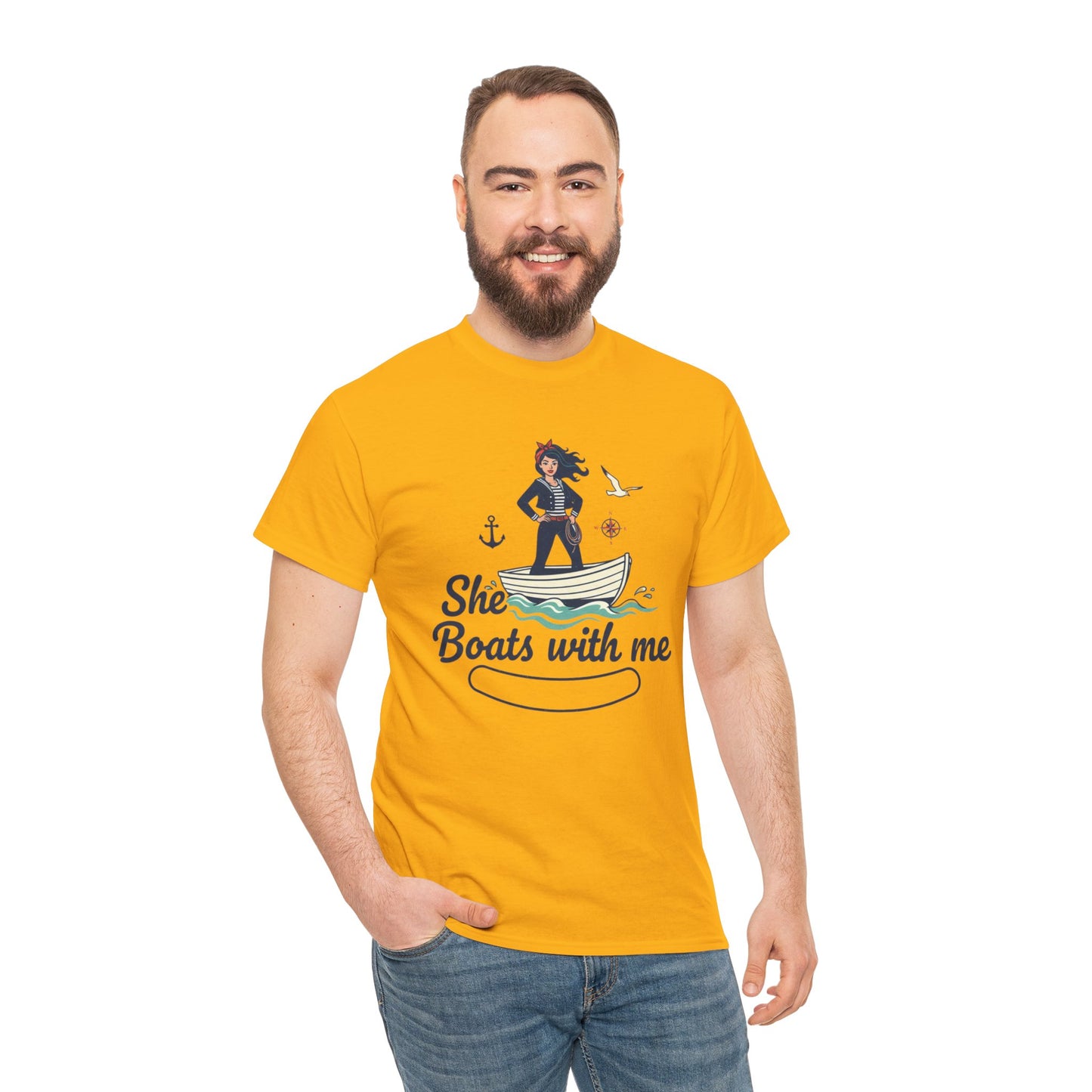 T-Shirt — "She Boats With Me" Nautical Couple Tee Printify