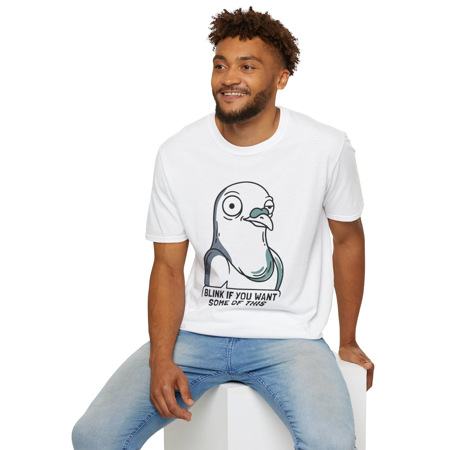 Pigeon Meme T‑Shirt — “Blink If You Want Some Of This” Funny Graphic Tee