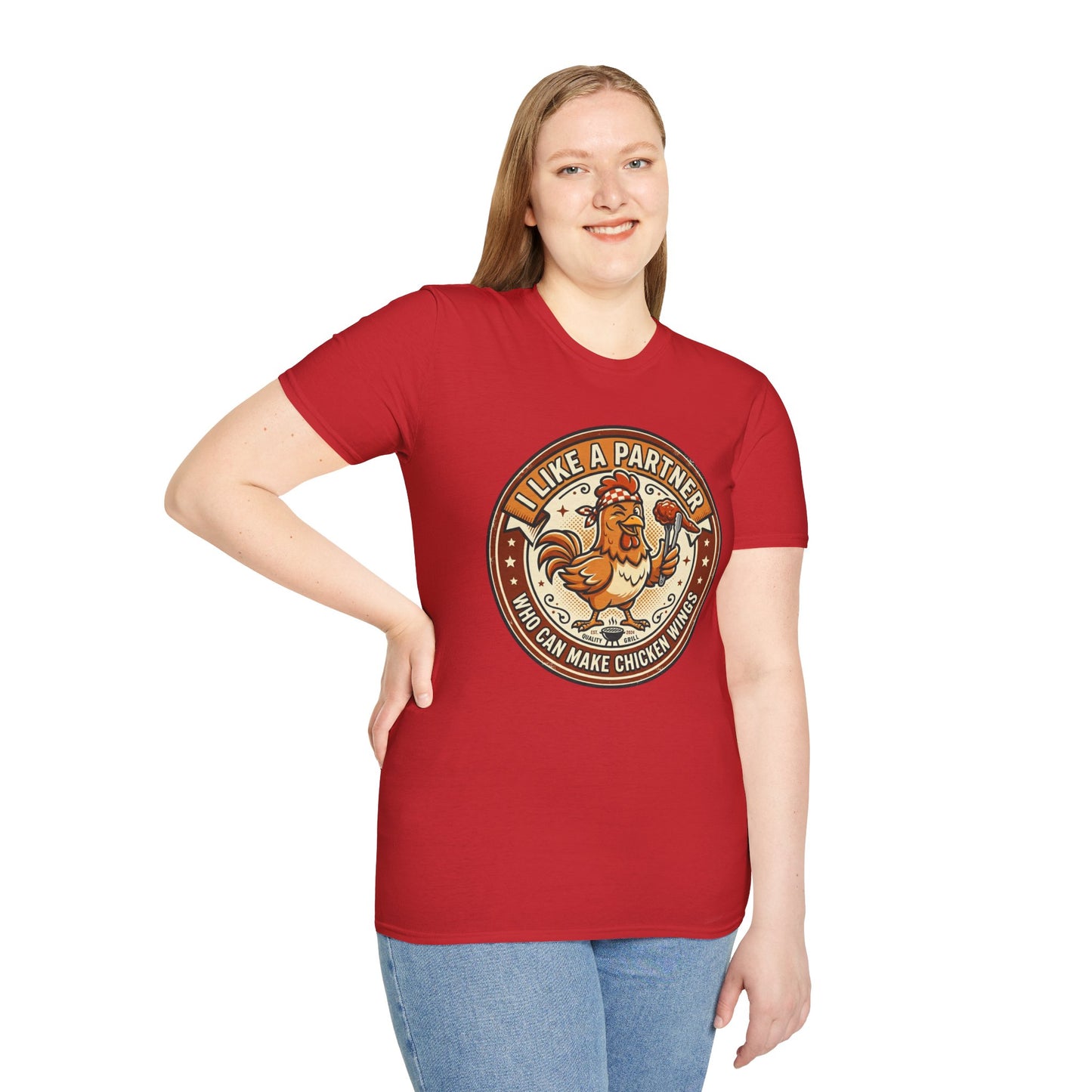 Funny Chicken Wings T-Shirt — "I Like A Partner Who Can Make Chicken Wings" Crew Tee