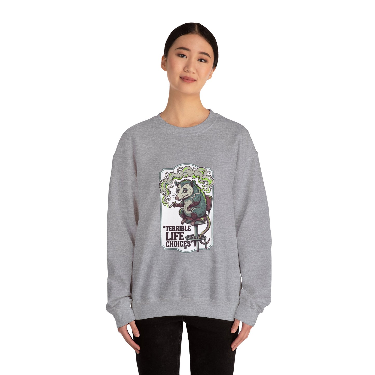 Terrible Life Choices opossum smoking sweatshirt | absurdist animal, ironic alt meme