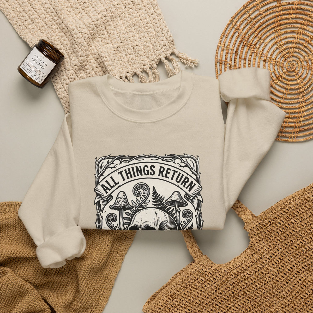 Gothic Botanicals Skull & Mushrooms Crewneck Sweatshirt | Dark Botanical Illustration