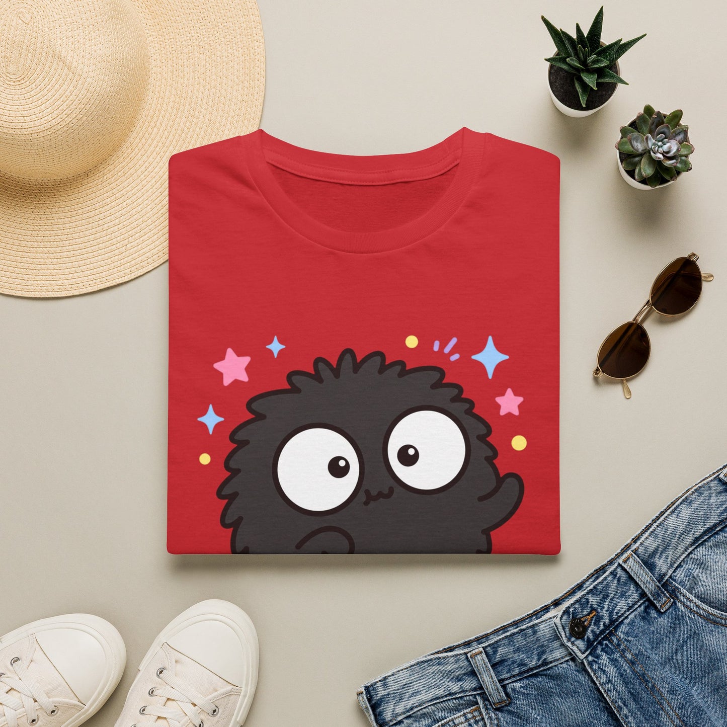Cute Black Fuzzball T-Shirt — Kawaii Monster Tee with Stars