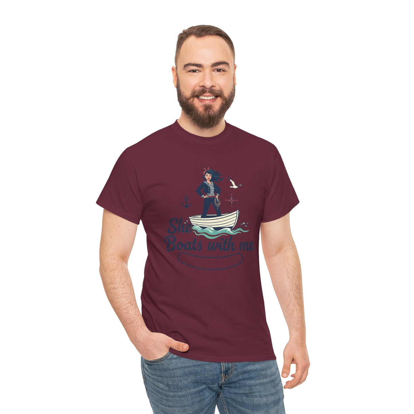 T-Shirt — "She Boats With Me" Nautical Couple Tee Printify