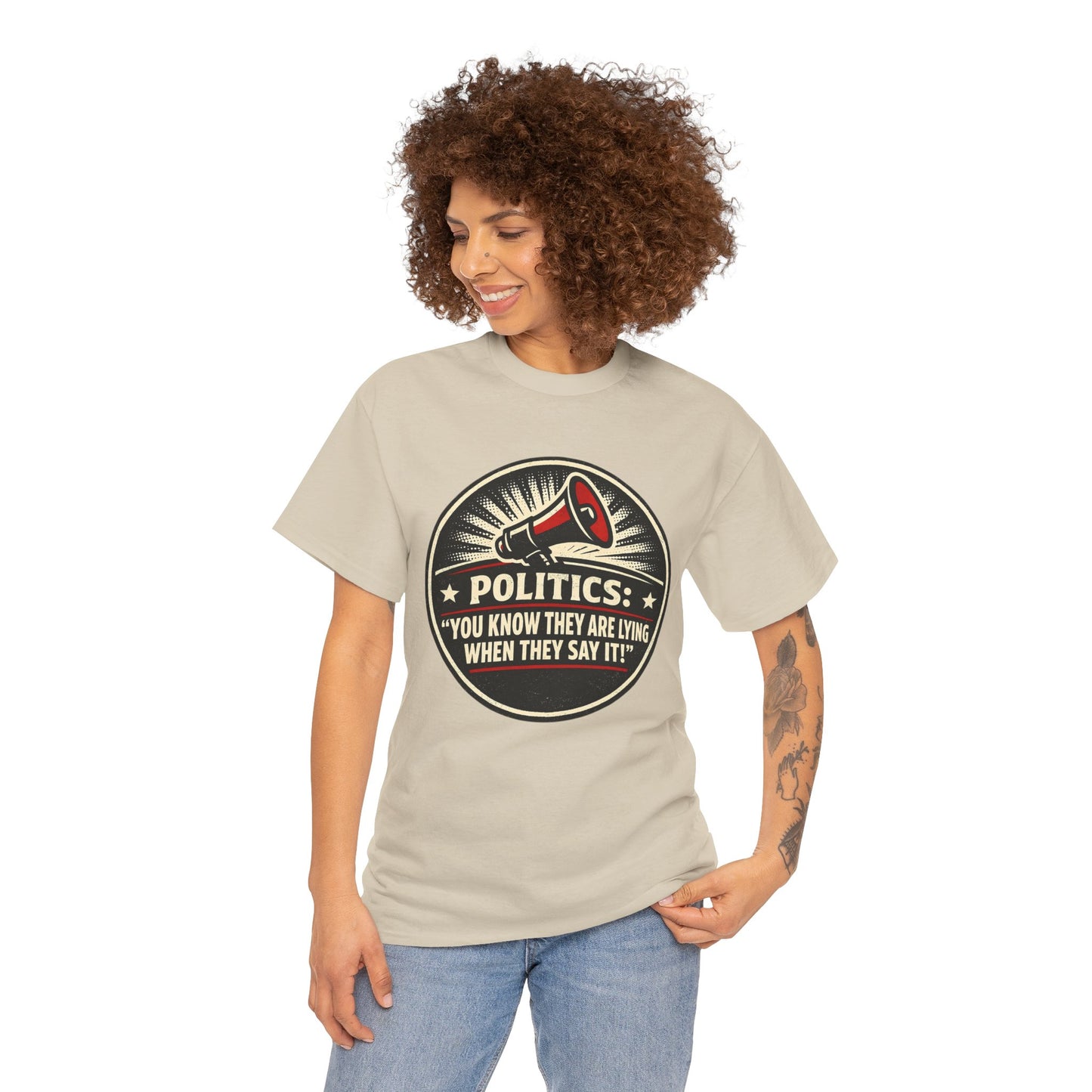 Political Satire T-Shirt — "Politics: You Know They Are Lying When They Say It" Retro Megaphone Tee