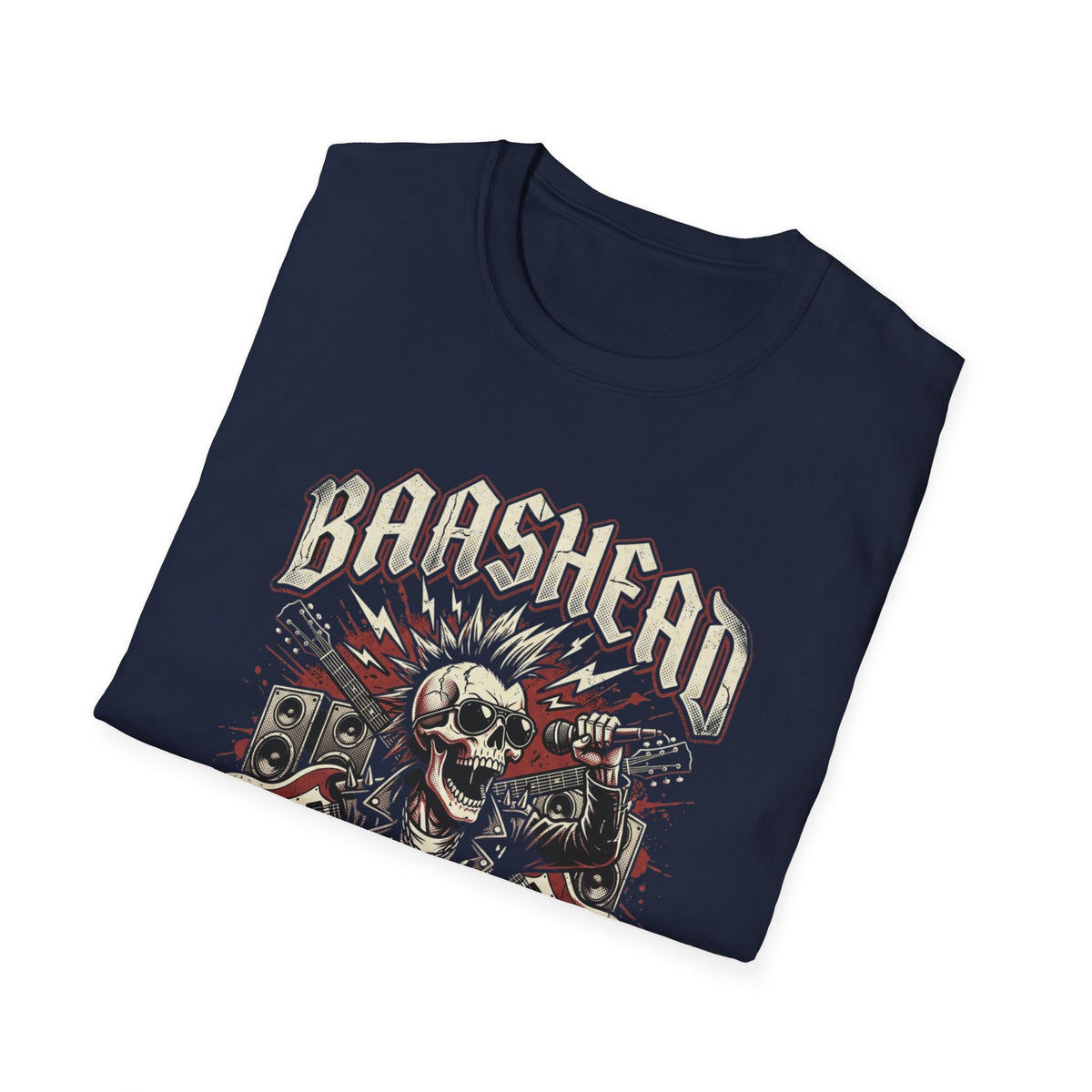 Basshead Skull T-Shirt — “I Make Everyone Listen to My Music, Crank It Up!” Guitar & Speaker Rock Tee
