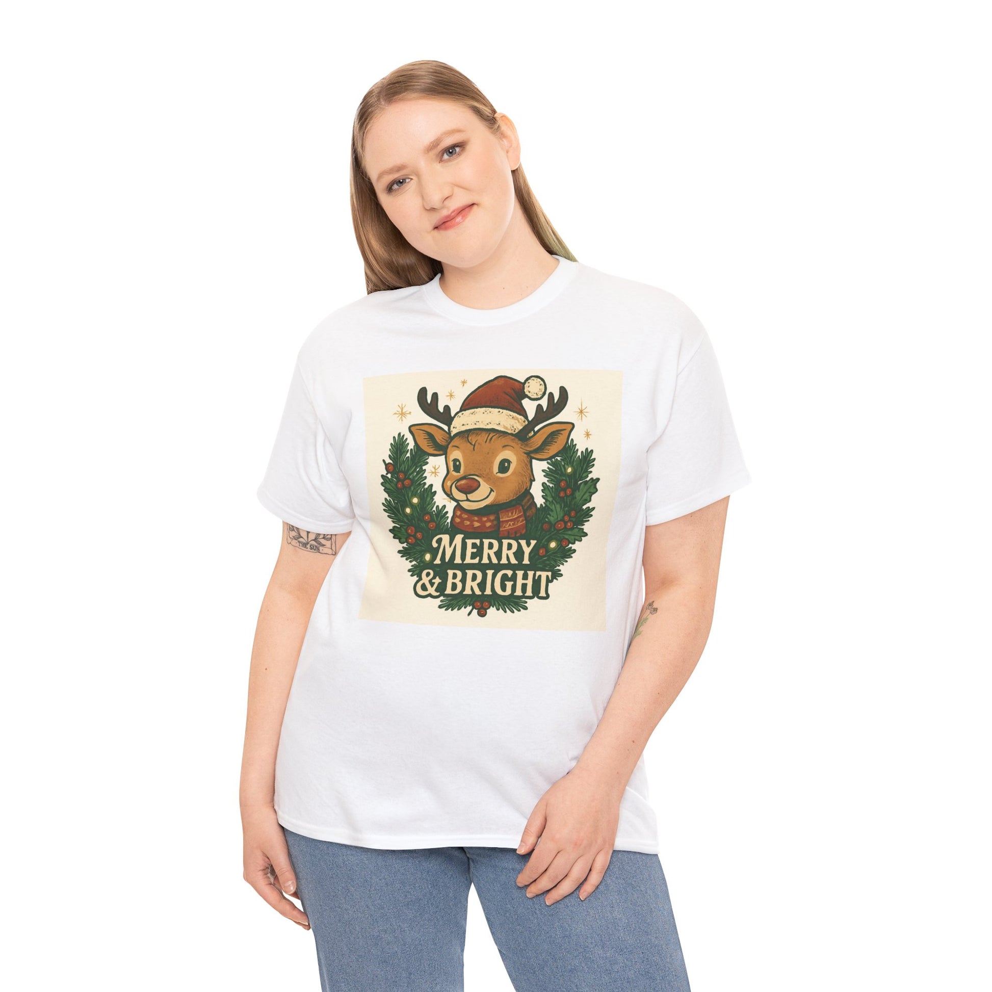 Merry & Bright Reindeer Christmas T-Shirt Printify