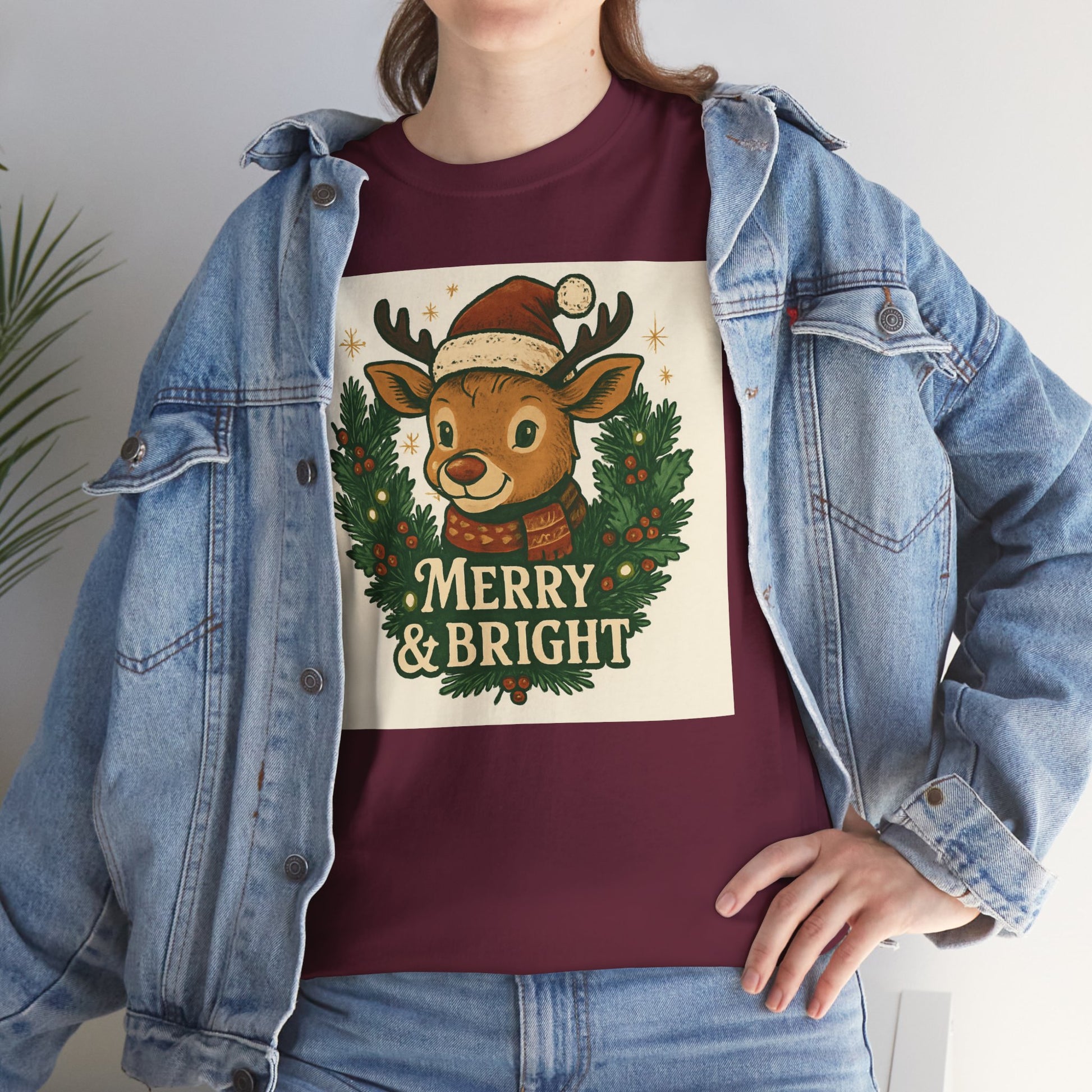 Merry & Bright Reindeer Christmas T-Shirt Printify
