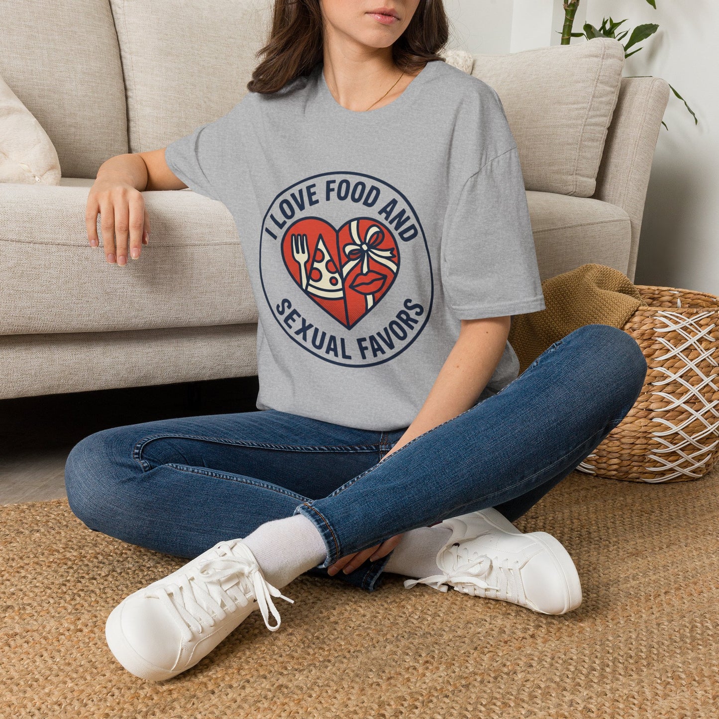 "I Love Food and Sexual Favors" Graphic Tee (Heart Pizza & Candy Design)