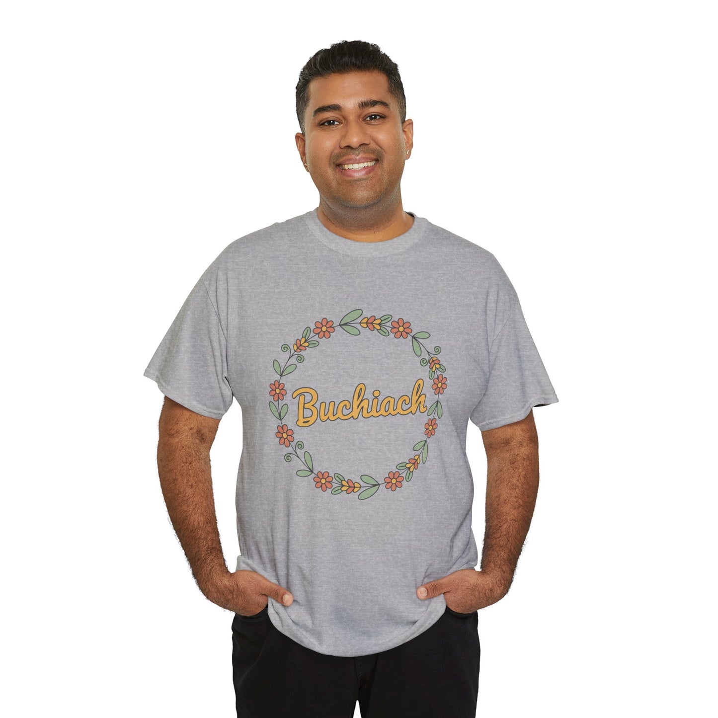 Buchiach Floral Wreath T-Shirt — Retro Script Garden Tee Printify