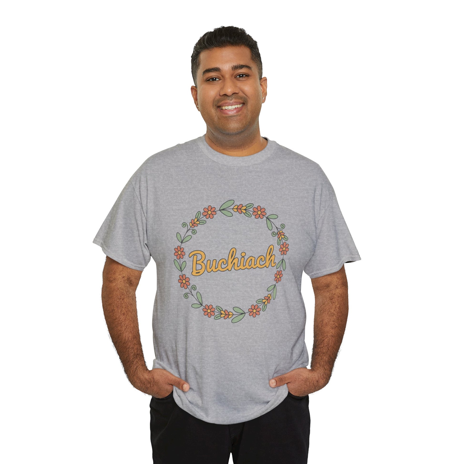Buchiach Floral Wreath T-Shirt — Retro Script Garden Tee Printify