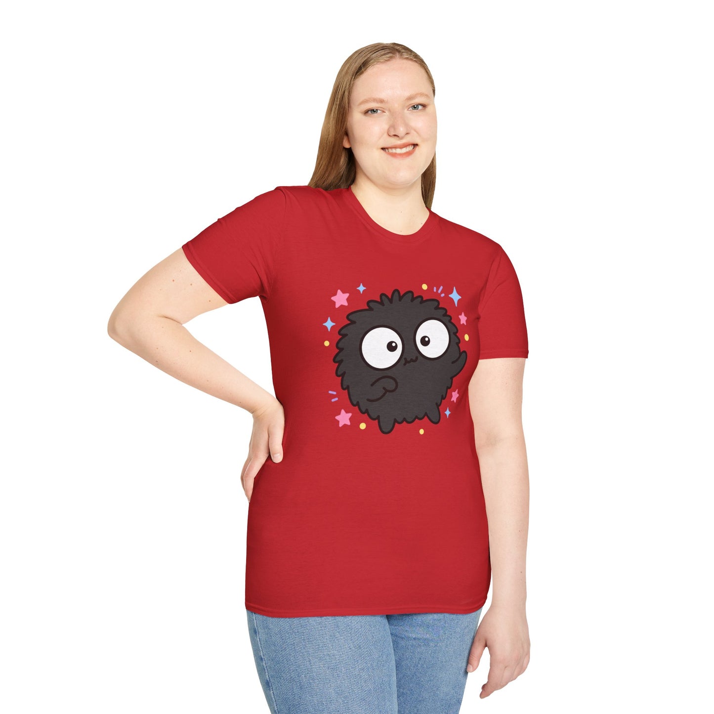 Cute Black Fuzzball T-Shirt — Kawaii Monster Tee with Stars