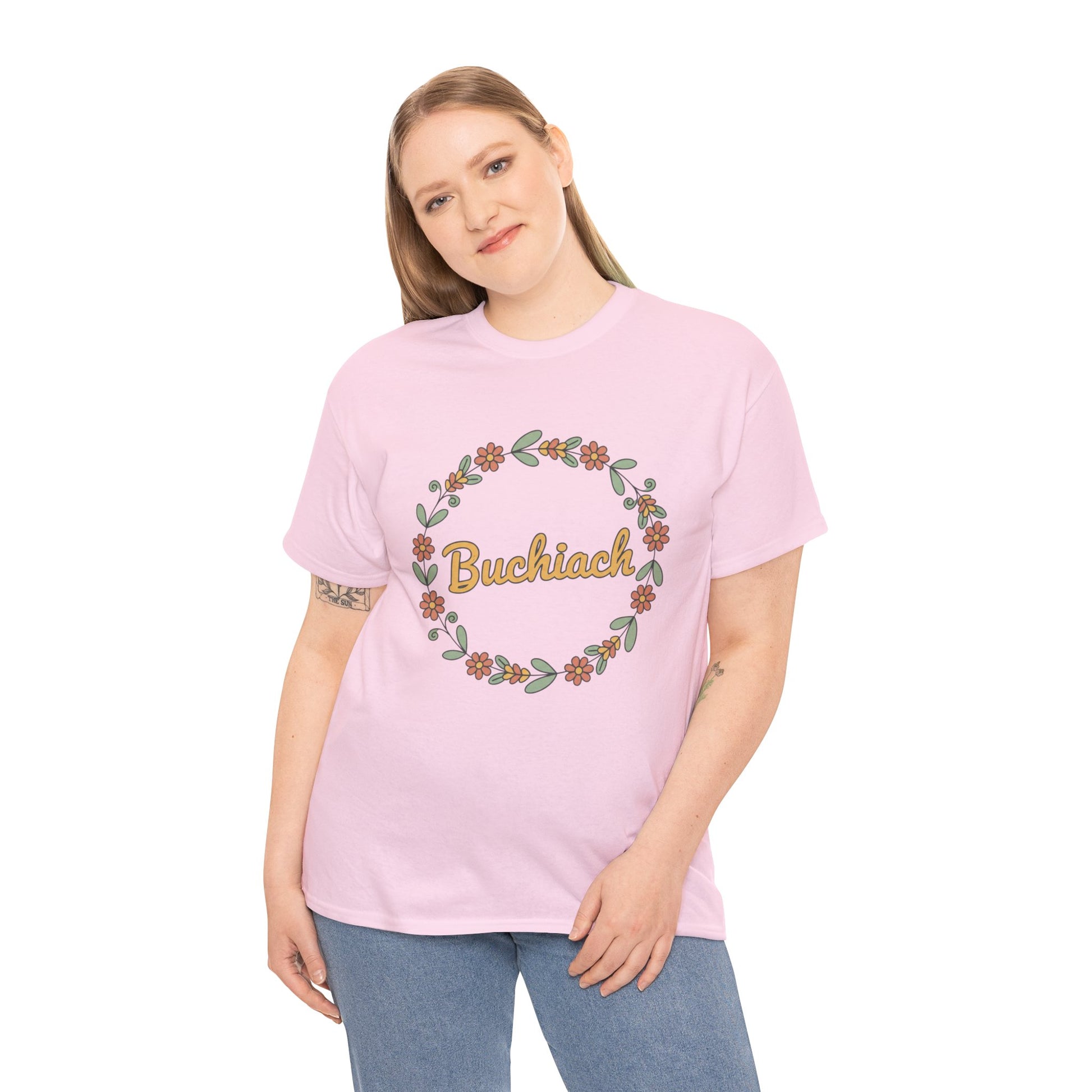 Buchiach Floral Wreath T-Shirt — Retro Script Garden Tee Printify