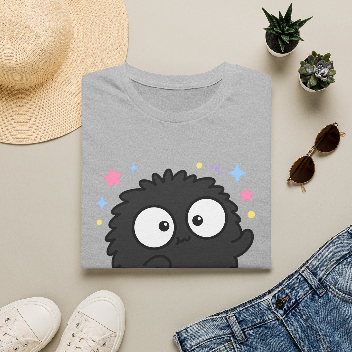 Cute Black Fuzzball T-Shirt — Kawaii Monster Tee with Stars