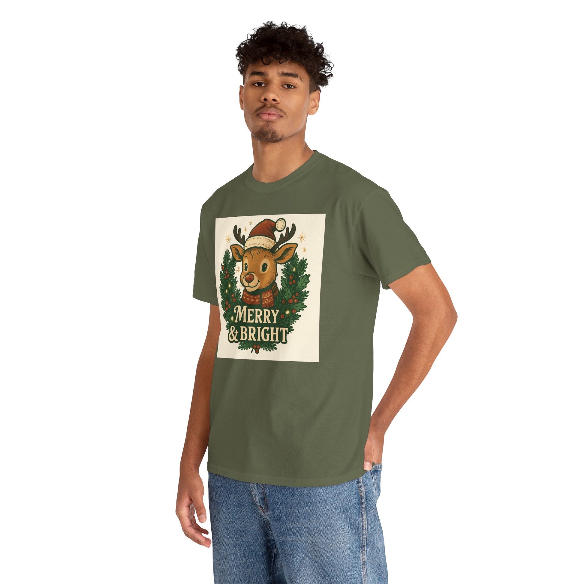 Merry & Bright Reindeer Christmas T-Shirt Printify