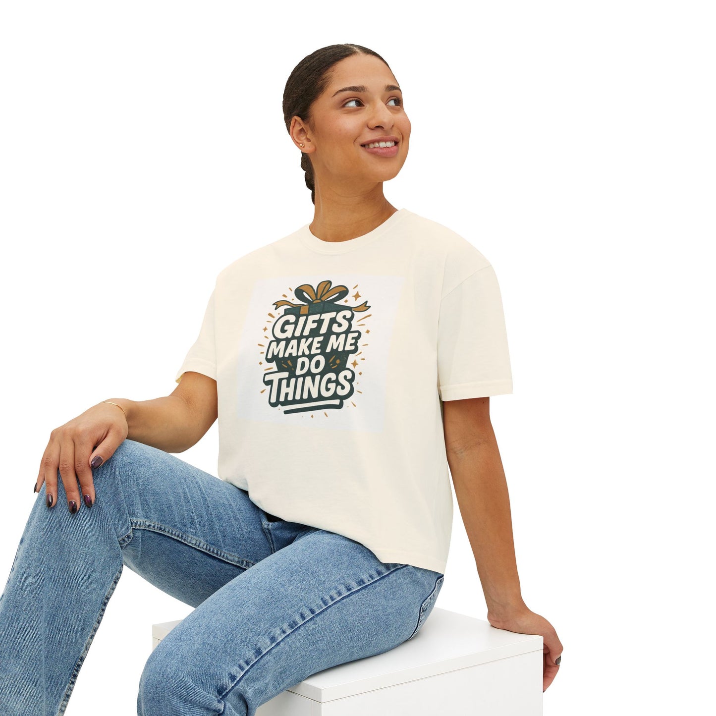 Gifts Make Me Do Things Graphic Boxy Tee — Women’s Casual Crop T-Shirt