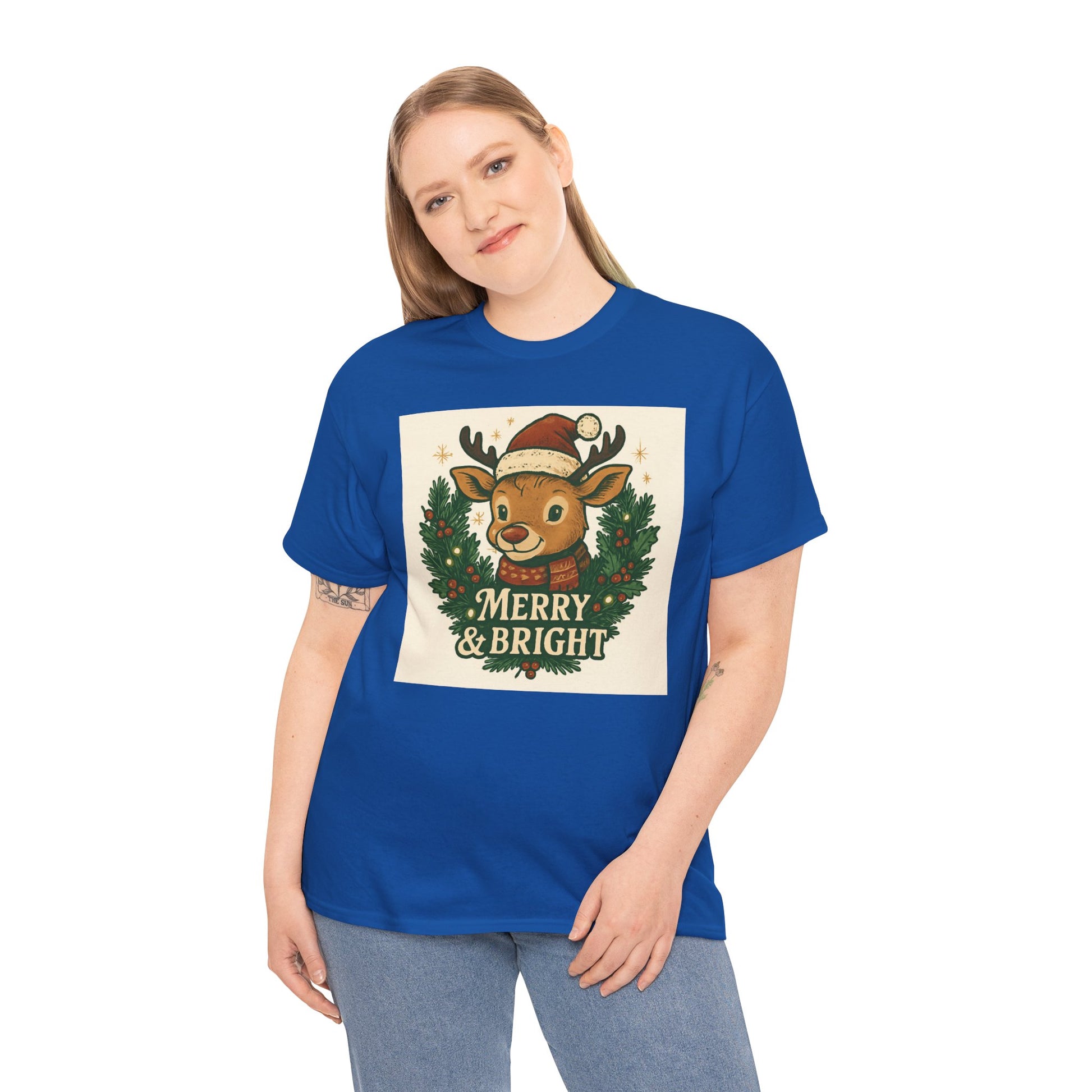 Merry & Bright Reindeer Christmas T-Shirt Printify