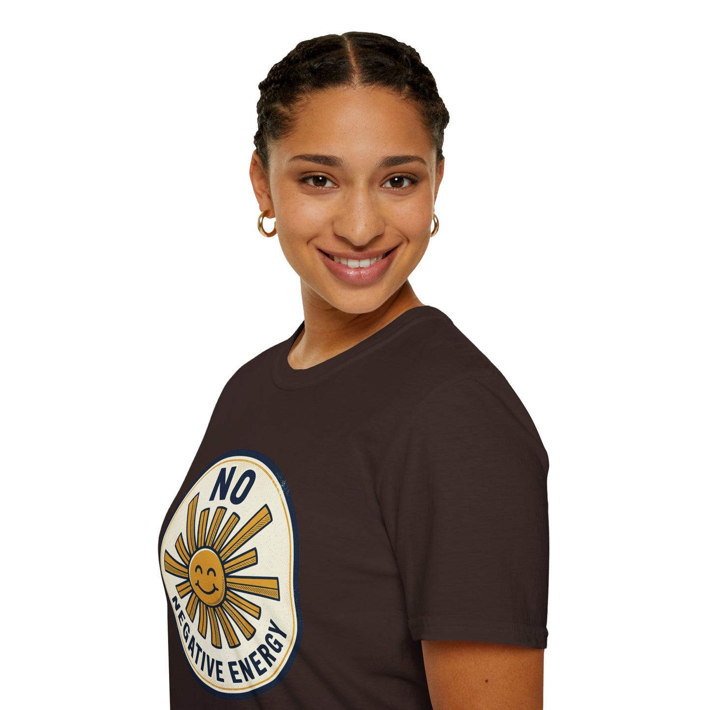 No Negative Energy T-Shirt — Retro Smiling Sun Positive Vibes Tee
