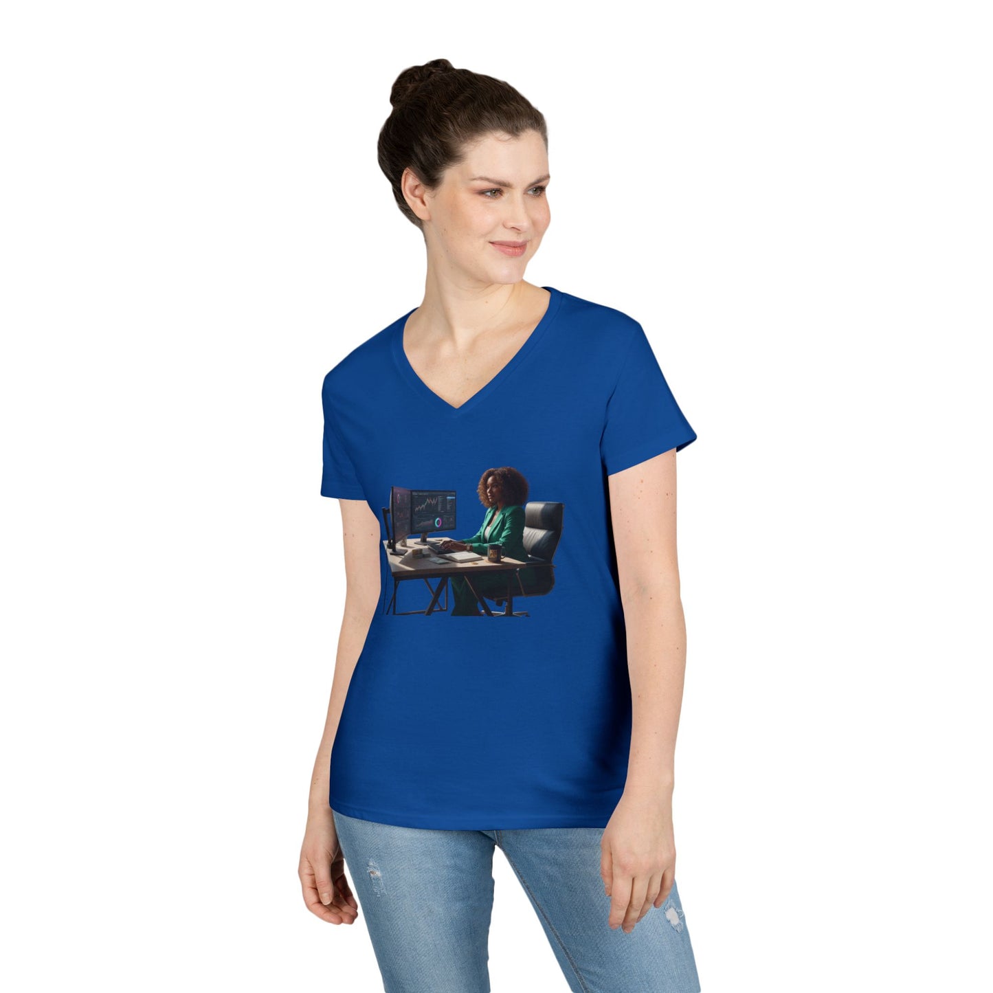 Programmer at Work V-Neck Tee — Female Coder Graphic Shirt