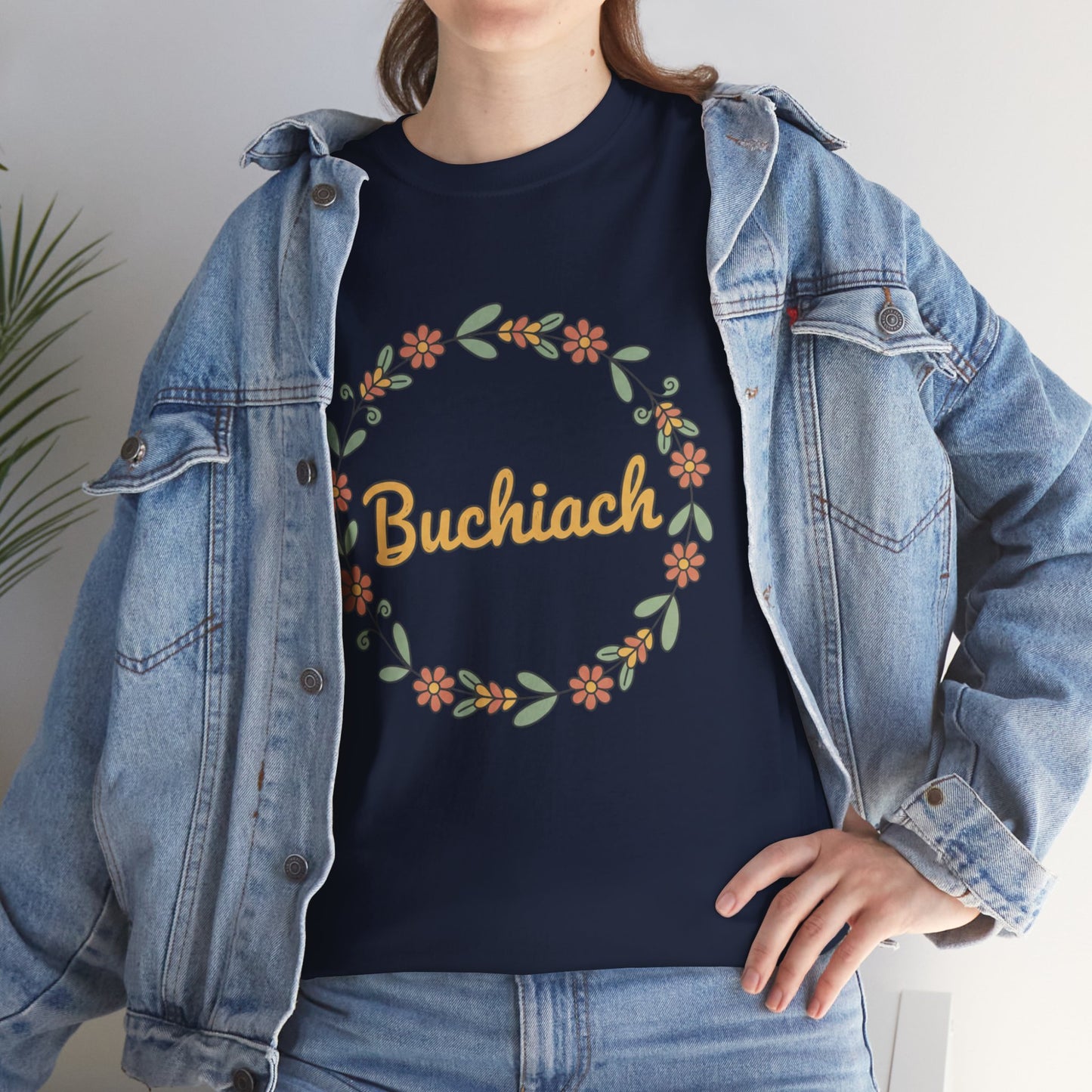 Buchiach Floral Wreath T-Shirt — Retro Script Garden Tee Printify