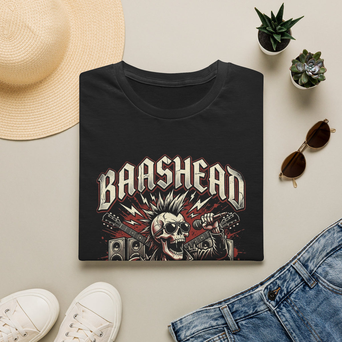 Basshead Skull T-Shirt — “I Make Everyone Listen to My Music, Crank It Up!” Guitar & Speaker Rock Tee