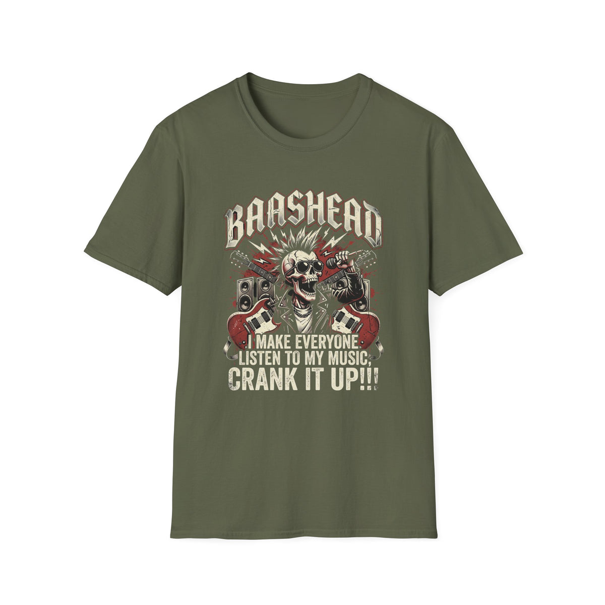 Basshead Skull T-Shirt — “I Make Everyone Listen to My Music, Crank It Up!” Guitar & Speaker Rock Tee