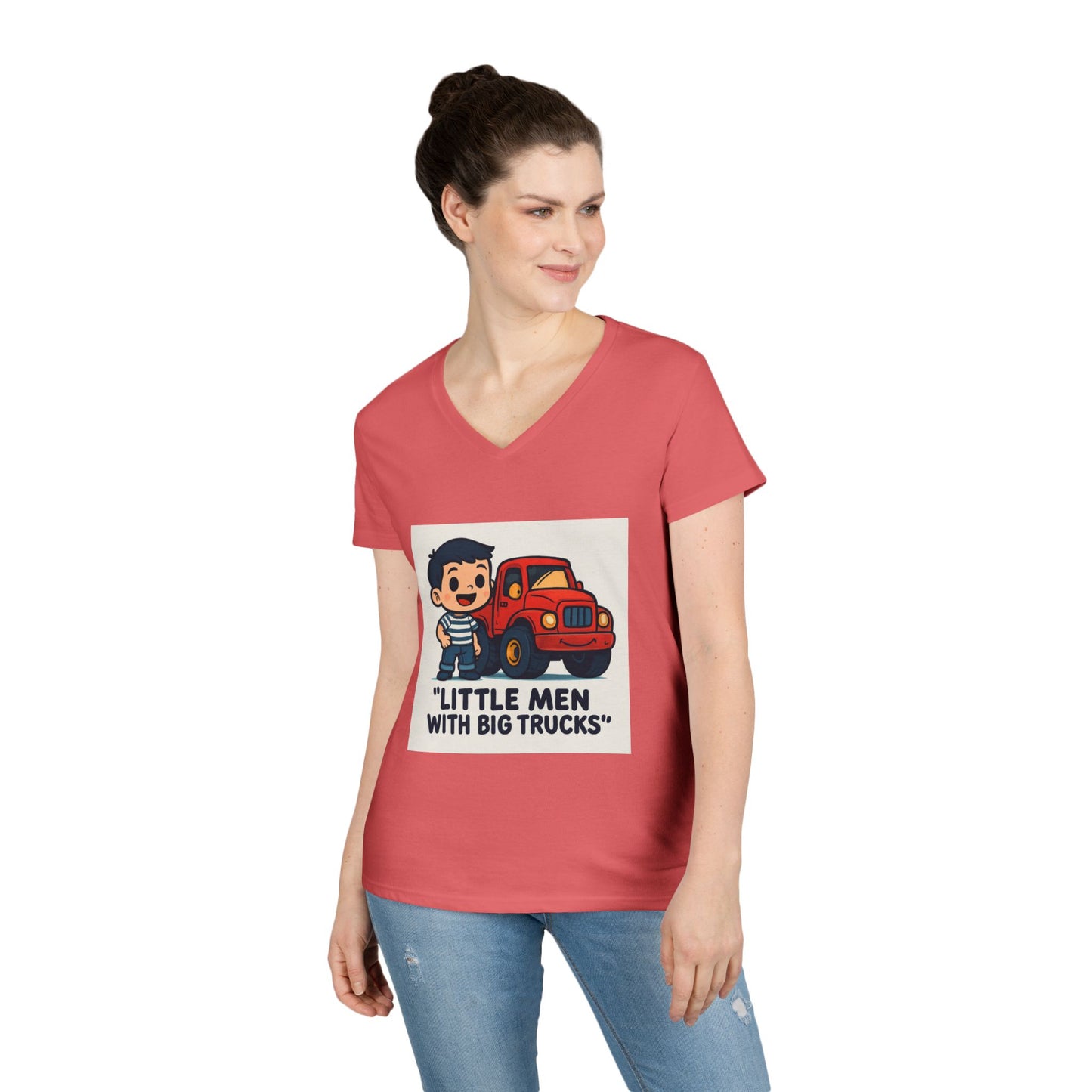 Ladies' V-Neck T-Shirt — "Little Men with Big Trucks" Cute Retro Truck Tee for Kids & Moms Printify