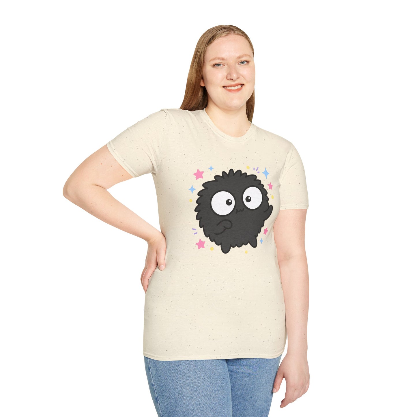 Cute Black Fuzzball T-Shirt — Kawaii Monster Tee with Stars