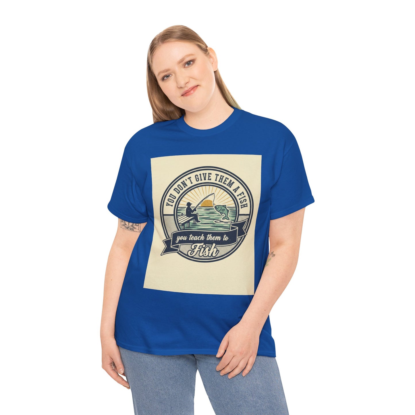 Fishing Vintage Badge T-Shirt — "You Don’t Give Them a Fish, You Teach Them to Fish" Graphic Tee