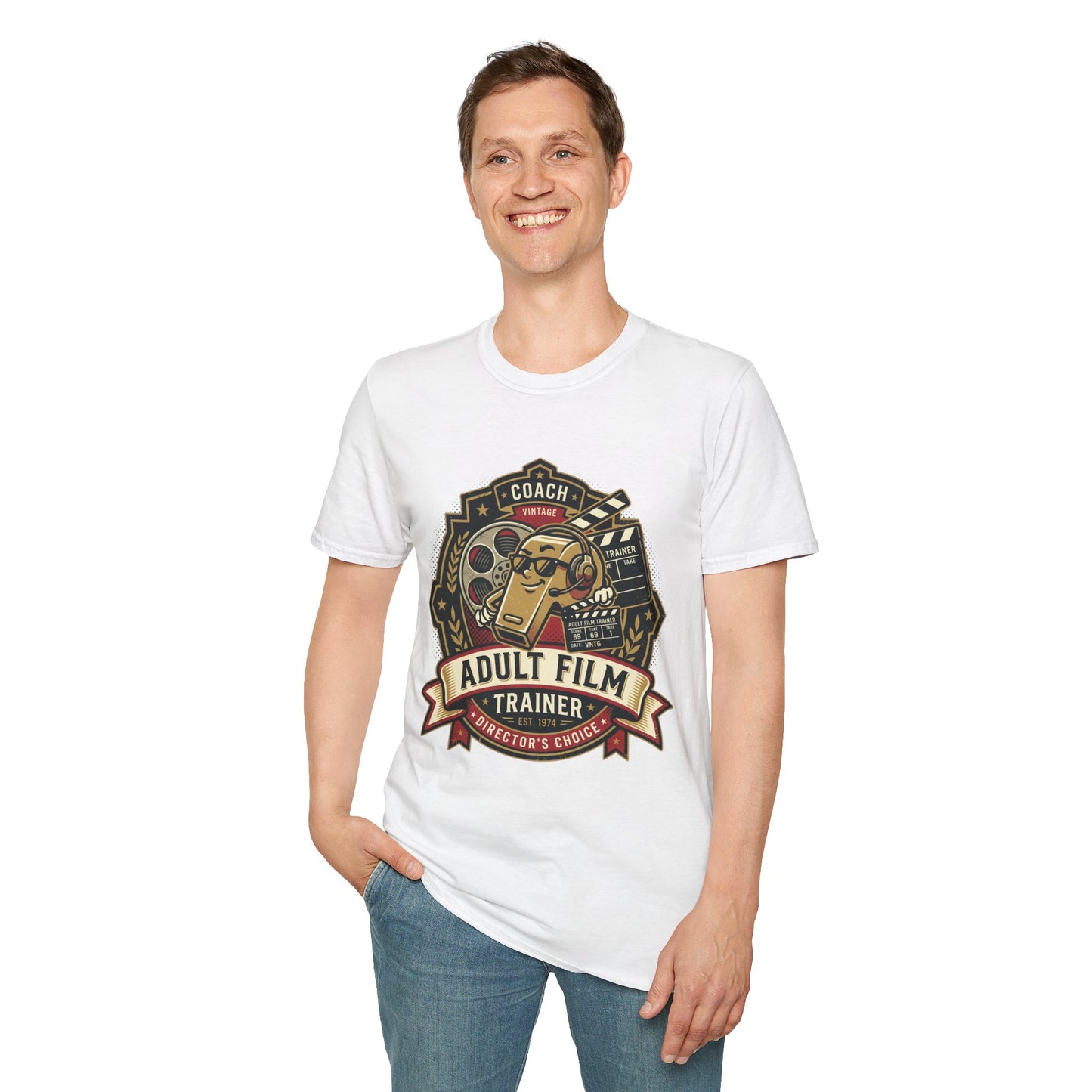 Adult Film Trainer T-Shirt — Vintage Director’s Coach Movie Reel Tee Printify