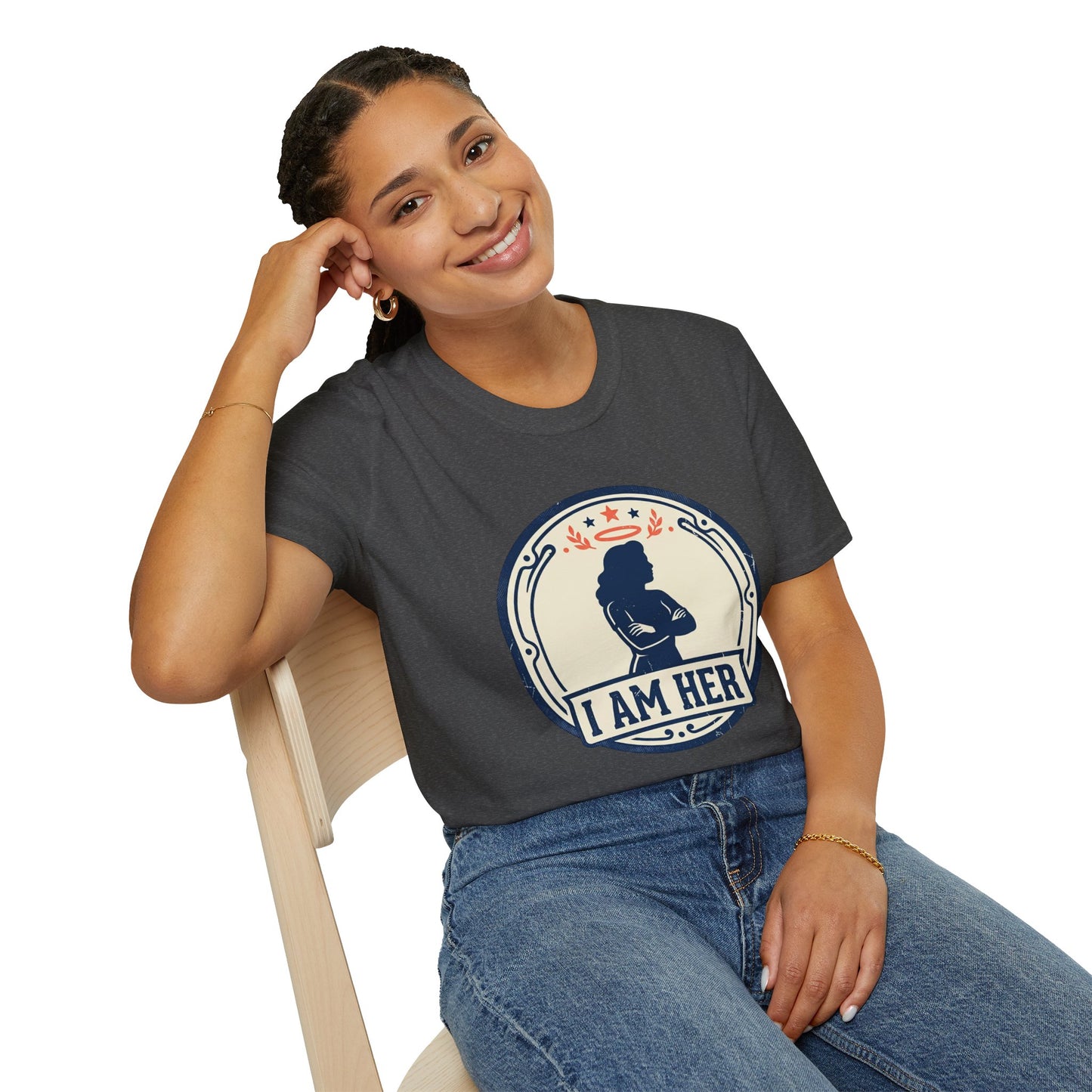 I Am Her Women’s T-Shirt — Empowering Mom & Woman Pride Vintage Badge Tee