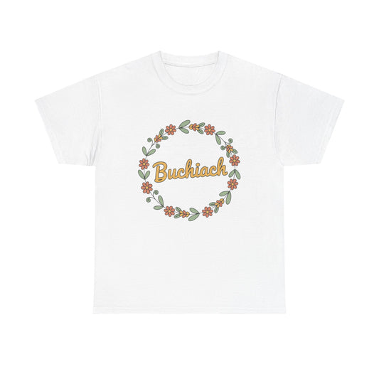 Buchiach Floral Wreath T-Shirt — Retro Script Garden Tee