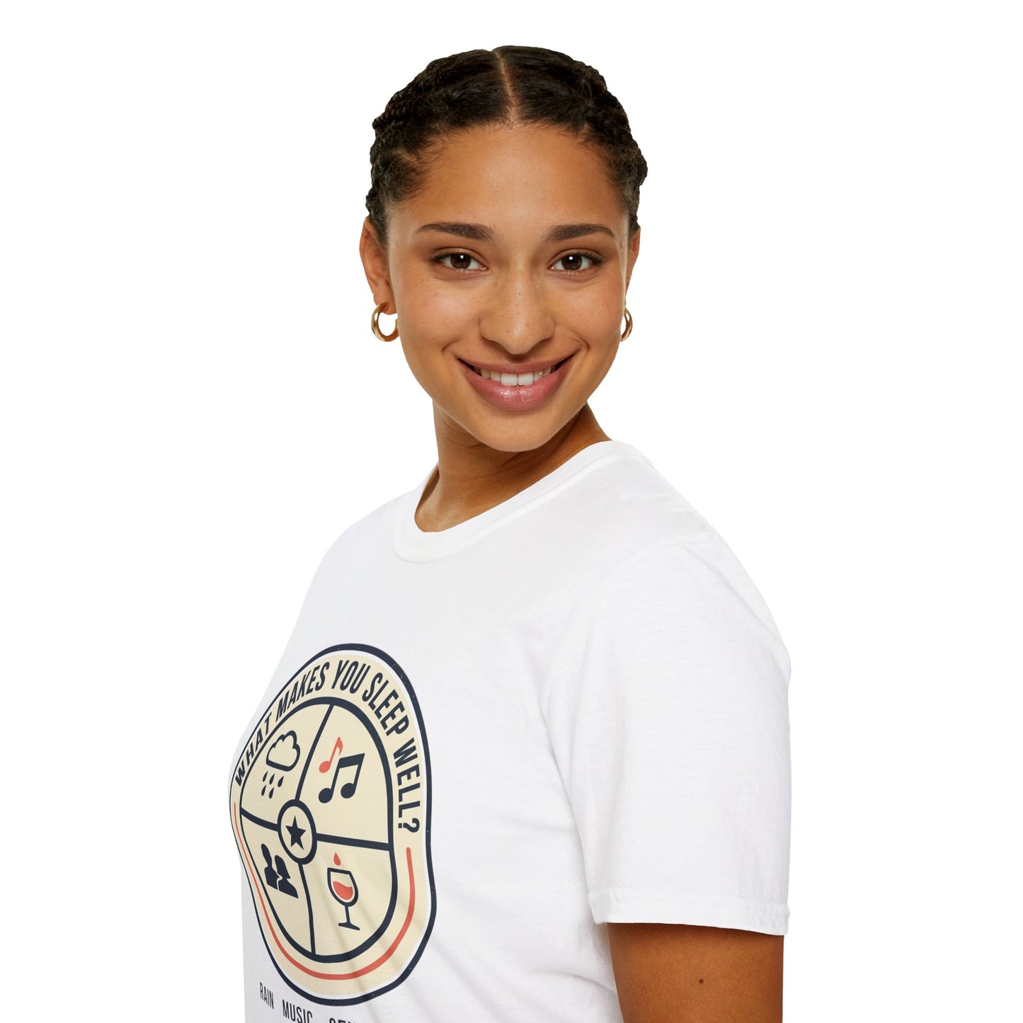 "What Makes You Sleep Well?" Rain, Music, Sex, Drink Graphic-Sleep Essentials T‑Shirt