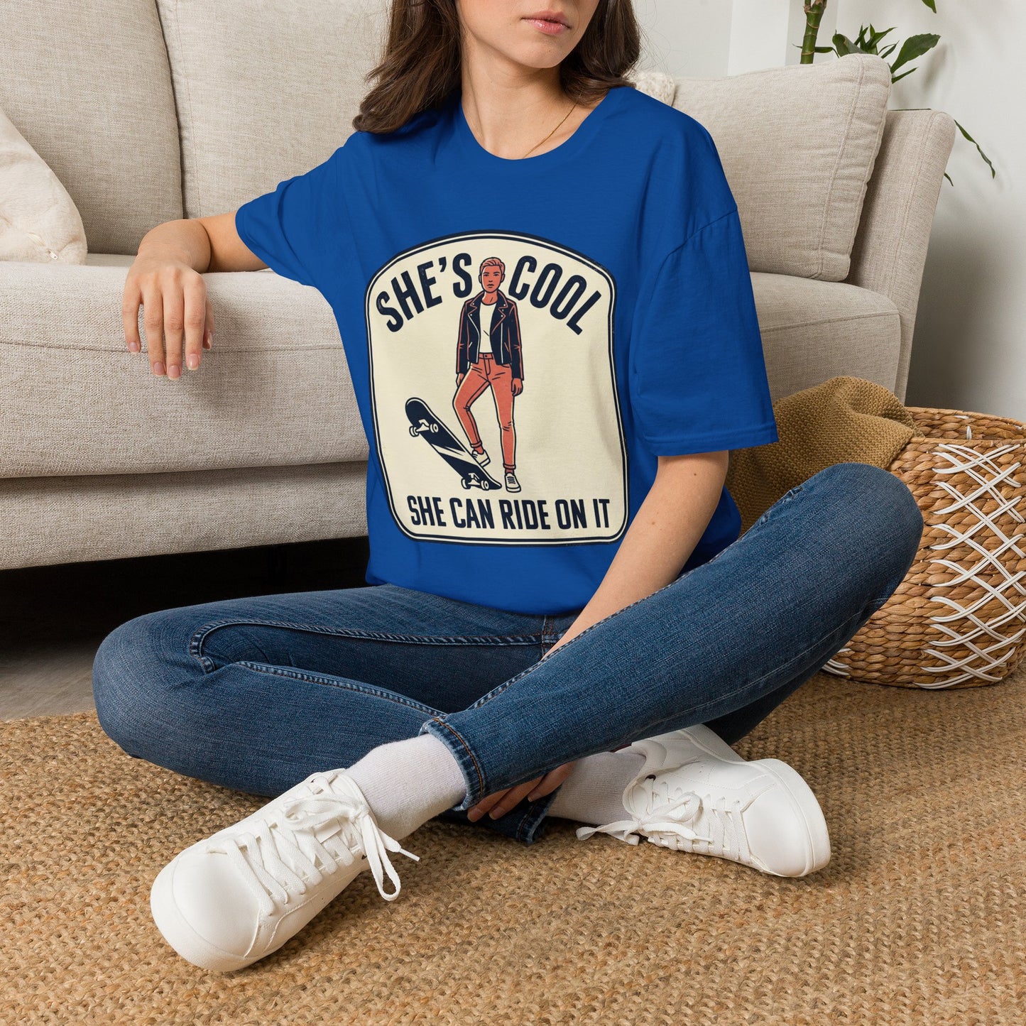 She's Cool Skateboarder T-Shirt — "She's Cool, She Can Ride On It" Retro Graphic Tee