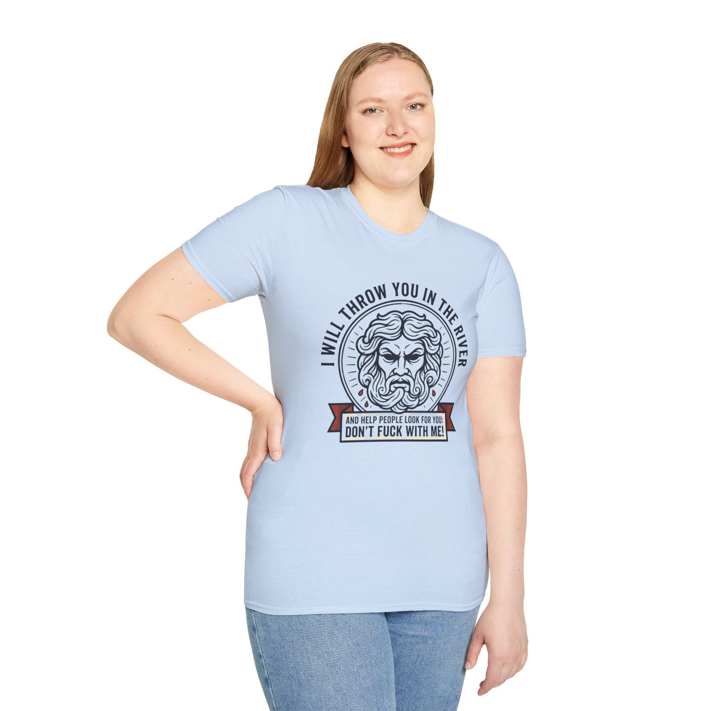 'I Will Throw You in the River' Bold Mythic Design-Graphic T-Shirt