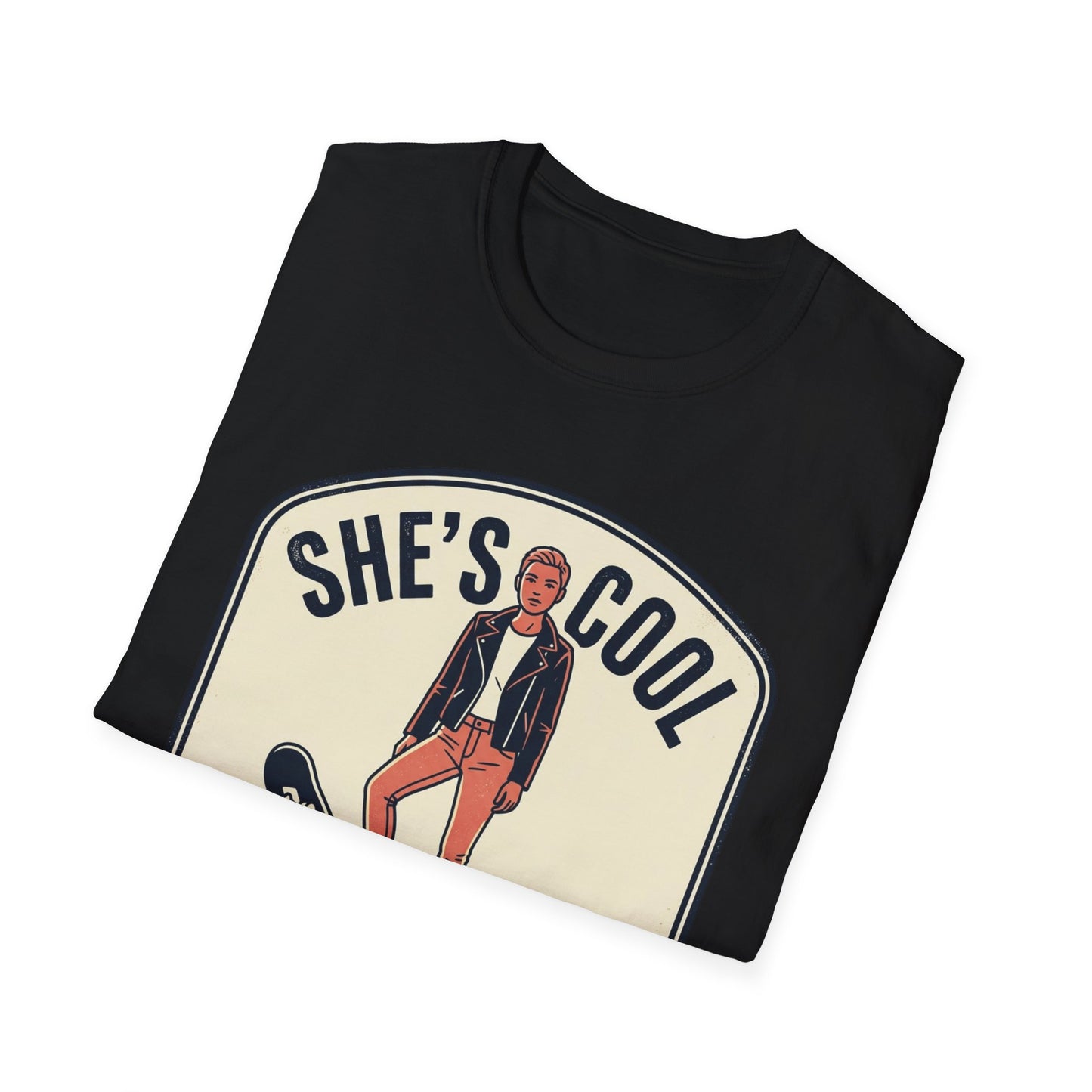 She's Cool Skateboarder T-Shirt — "She's Cool, She Can Ride On It" Retro Graphic Tee
