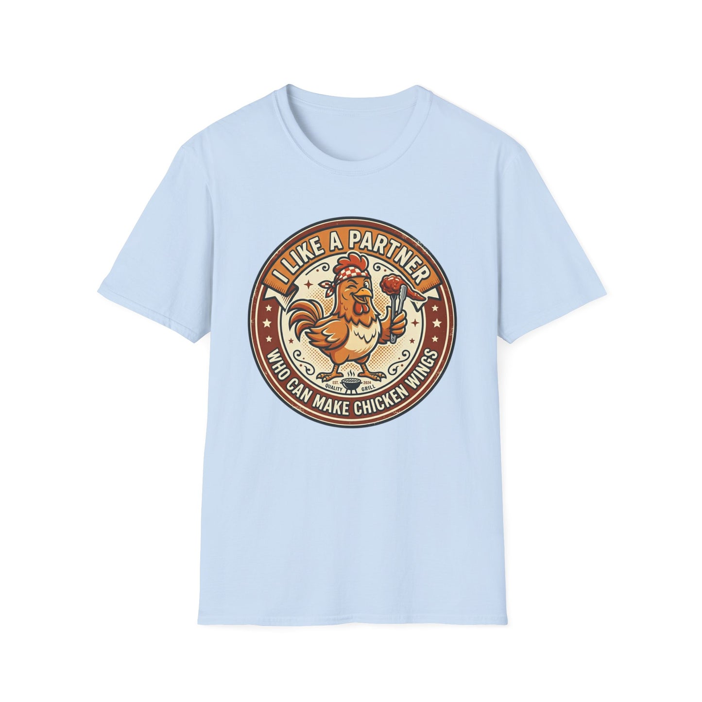Funny Chicken Wings T-Shirt — "I Like A Partner Who Can Make Chicken Wings" Crew Tee