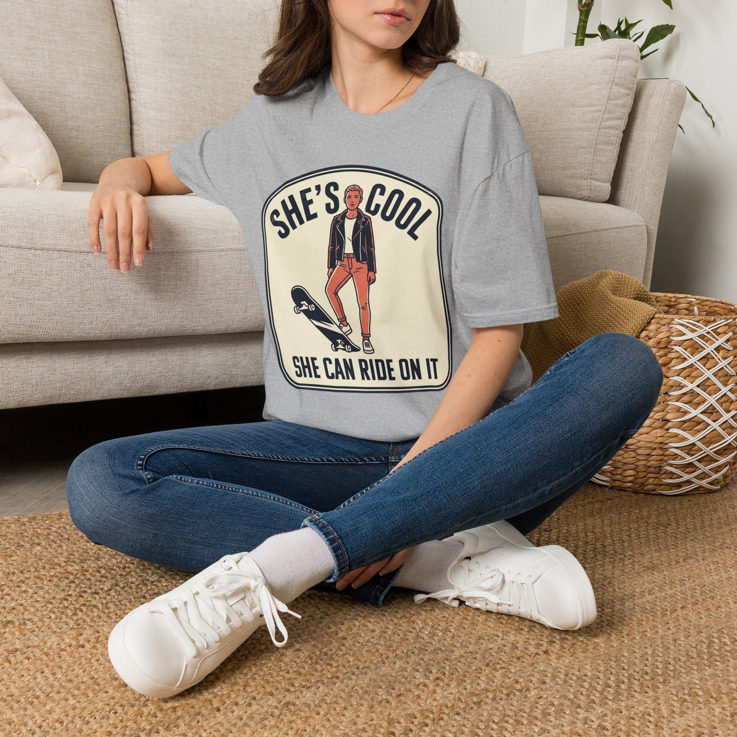 She's Cool Skateboarder T-Shirt — "She's Cool, She Can Ride On It" Retro Graphic Tee