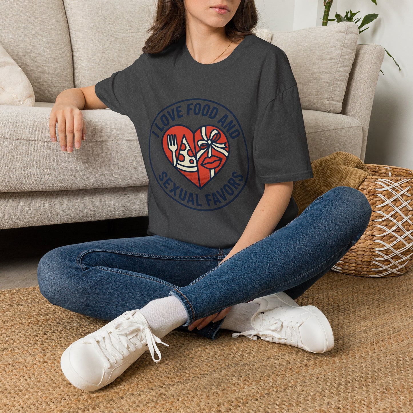 "I Love Food and Sexual Favors" Graphic Tee (Heart Pizza & Candy Design)